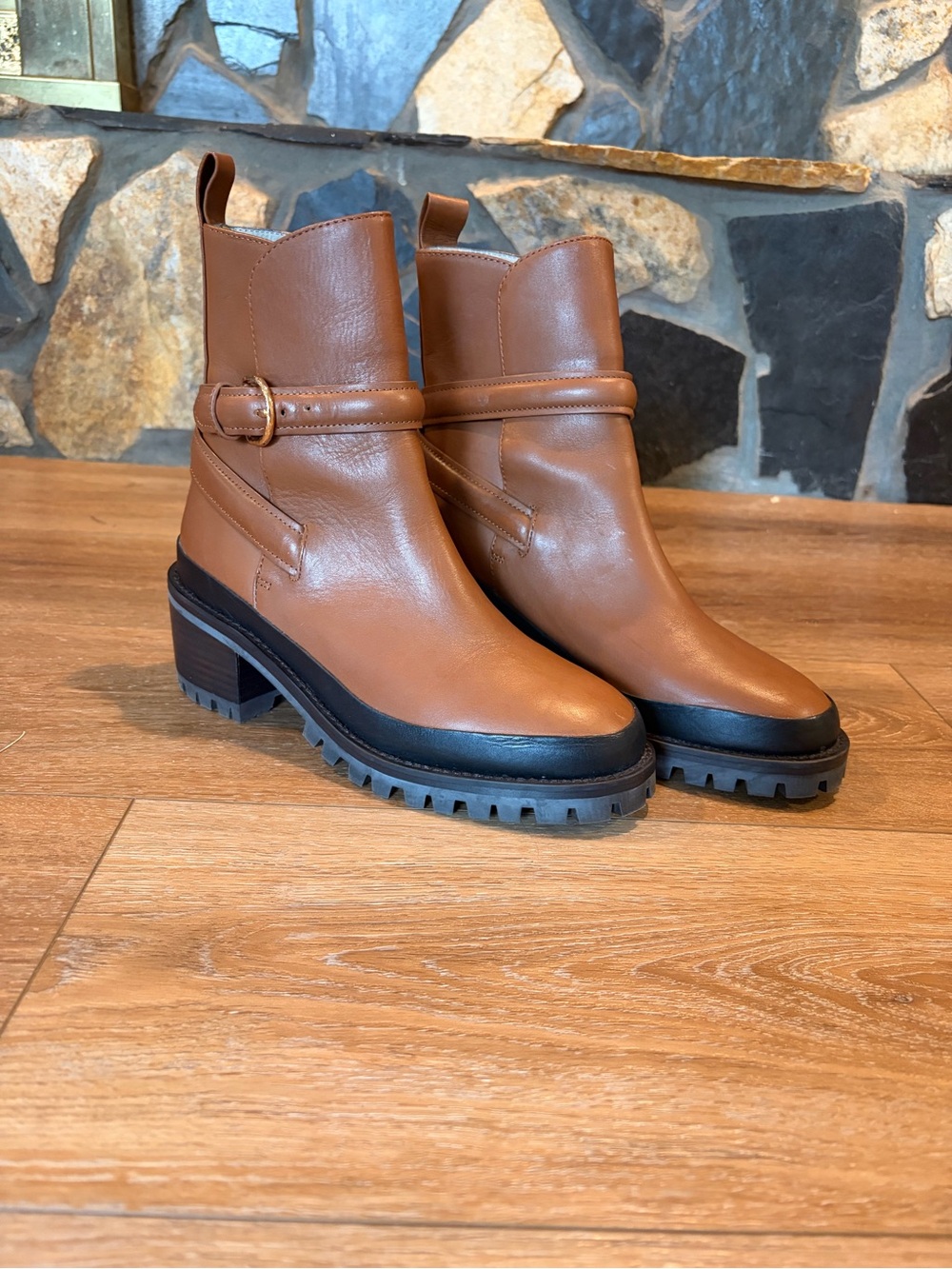 Ulla Johnson Cognac Leather Lug Sole Buckle Ankle Boots EU 35 | Like New